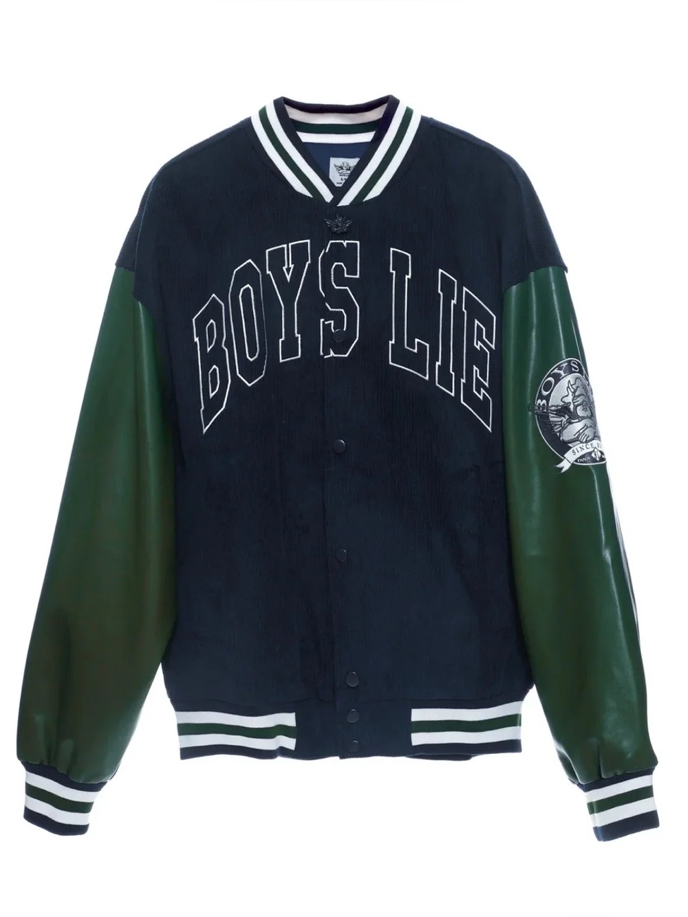 Boys Lie Navy and Green Leather-Sleeve Varsity Jacket